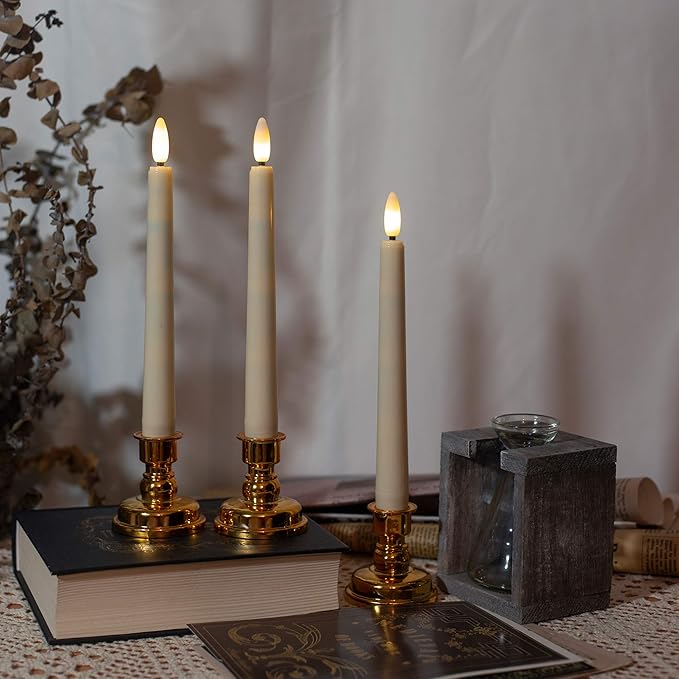 Flameless Taper Candles Flickering with Remote Timer, 4PCS Battery Operated Window Candles with Gold Candlesticks and Suction Cups, 8 Inch Warm White 3D Flame Candle for Home Xmas Decor(Ivory)