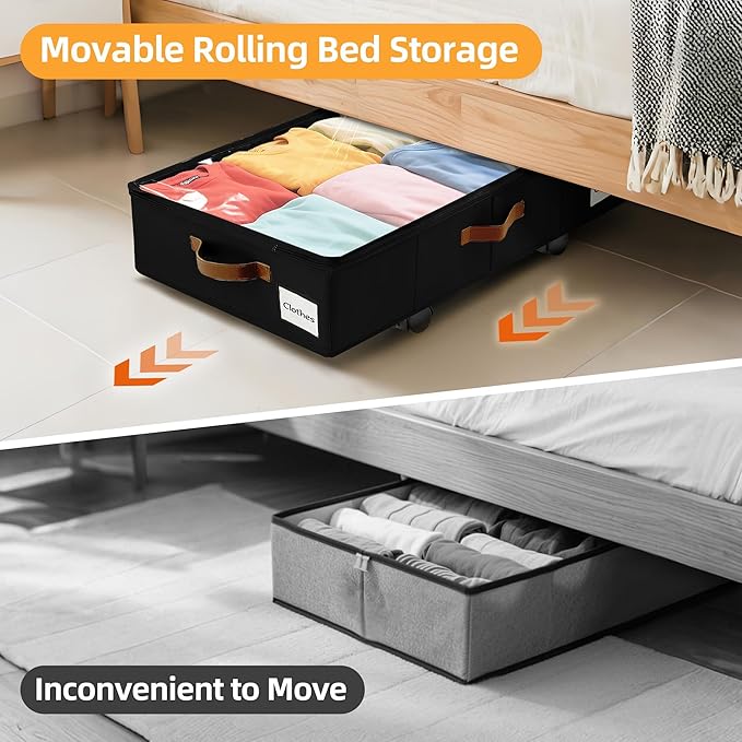 4 Pack Under Bed Storage–30.5×17×6.5" Under the Bed Storage with Wheels Sturdy Sidewalls/Bottom, Clear Cover, Label and PU Handle, Rolling Underbed Drawers for Clothes, Shoes, Toys, Blankets,Black