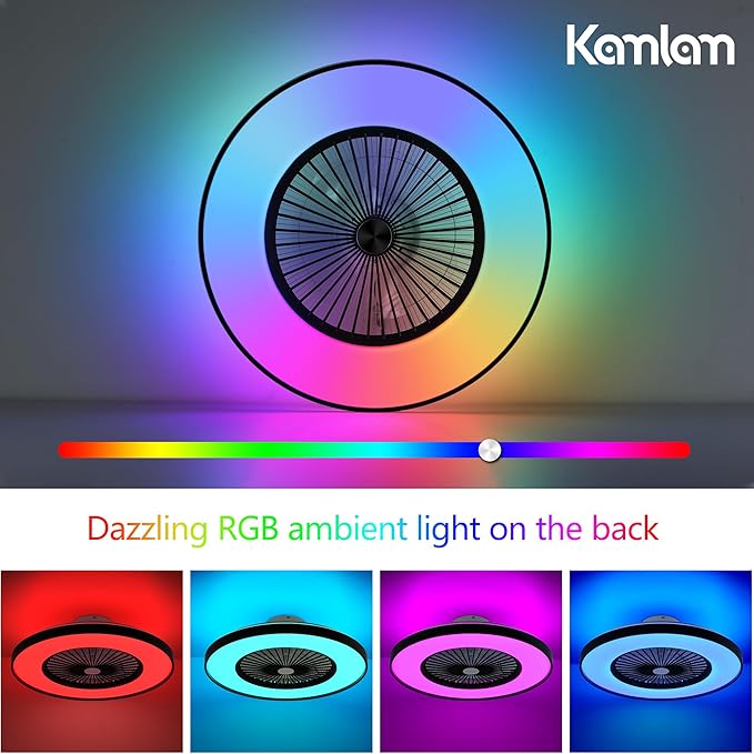 24" RGB Low Profile Ceiling Fan with Light, Smart Bladeless Ceiling Fan with APP/Alexa/Remote Control, 6-Speed Silent Reversible DC Motor, Dimmable Color Changing LED, Black