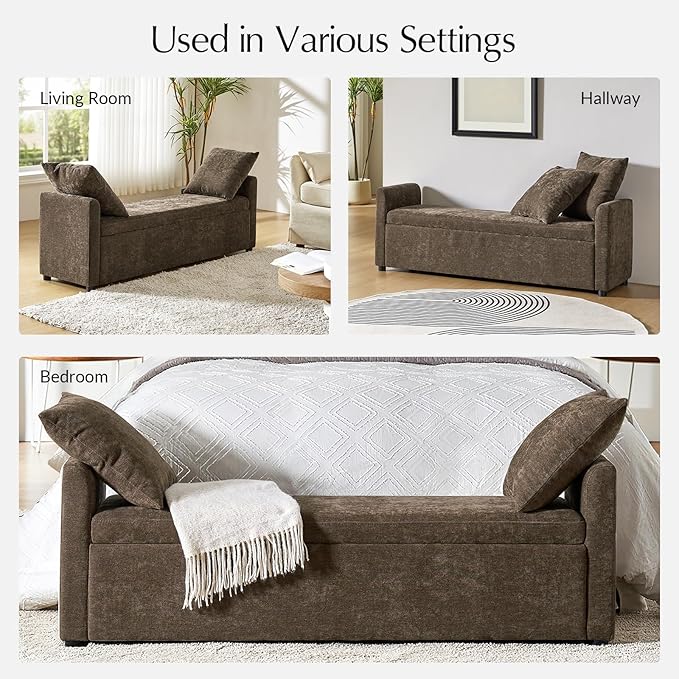 59.5" Modern Storage Ottoman Bedroom Bench, End of Bed Bench with Arms and Throw Pillows, Footrest Stool for Living Room, Dining Room, Entryway and Hallway, Taupe