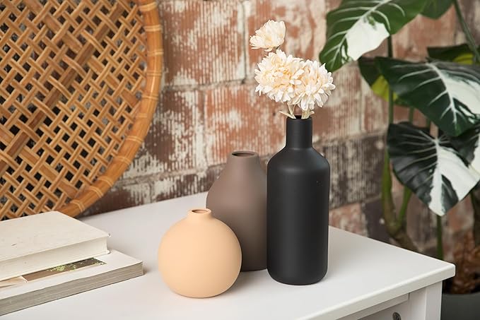 Ceramic Vase Set of 3 - Modern Farmhouse Decorative Vases for Home Decor. Boho, Rustic Vase, Small Neutral Pottery Vase Sets for Table, Shelf, Entryway, Living Room, Kitchen, Bedroom, Bathroom, Office