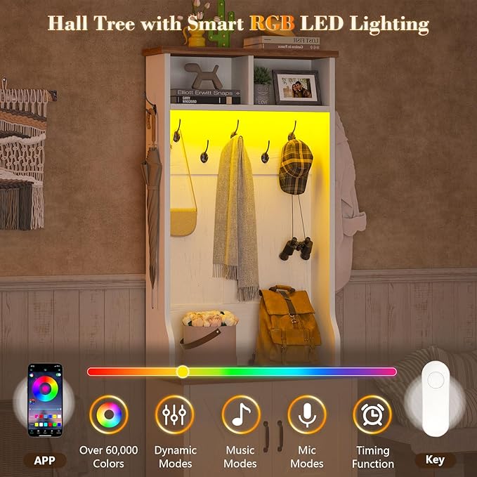 Hall Tree with Bench and Shoe Storage, Entryway Bench with Coat Racks and Led Lights, Farmhouse Small Hall Tree with Shoe Cabinet, 7 Coat Hooks, 6 Storage Cubbies, Adjustable Shelf