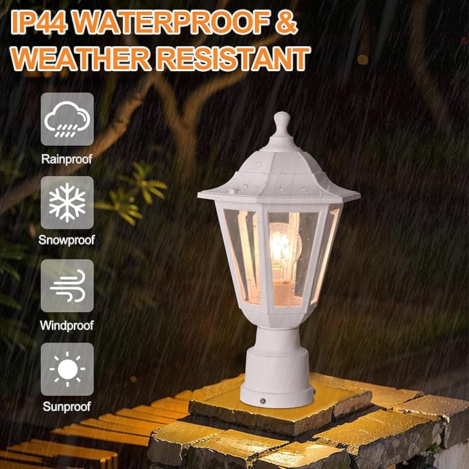 FUDESY Outdoor Post Light, Outdoor White Lamp Post Light Fixture with Pier Mount Base, Waterproof Pole Light Fixture with E26 Socket, Exterior Lamp Post Lantern for Garden Yard Patio Pathway