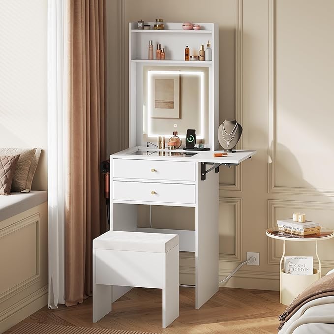 WLIVE Small White Vanity Desk with Mirror and Adjustable Lights, Makeup Vanity Set with Fold-up Panel and Chair, Vanity Table with Charging Station for Small Space, Bedroom