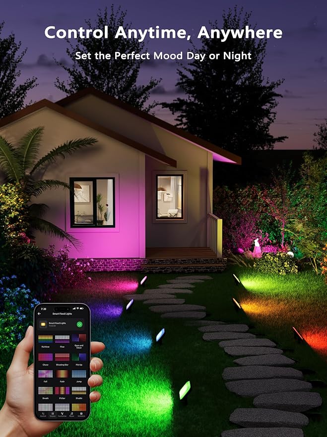 BrizLabs RGBCW Outdoor Flood Lights, Red White Blue WiFi Smart Pathway Landscape Lighting App/Voice Controlled, Color Changing LED Floodlights for Independence Day Christmas Garden Yard Lawn, 4 Pack