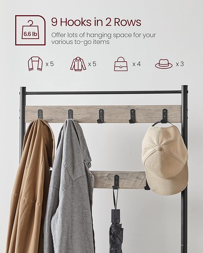 VASAGLE Coat Rack, Hall Tree with Shoe Storage Bench, Entryway Bench with Shoe Storage, 3-in-1, Steel Frame, for Entryway, 12.6 x 27.6 x 68.9 Inches, Industrial, Greige and Black UHSR41MB