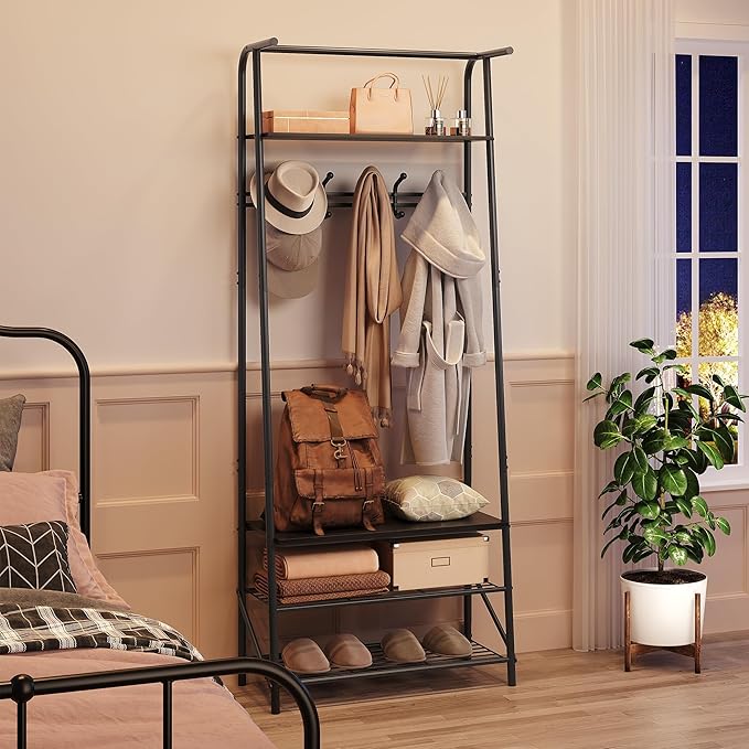 4-In-1 Hall Tree Entryway Organizer with 5 Hooks and Shoe Storage Bench, Sturdy Metal Frame, Metal Look Accent for Coat, Hat, and Bag Organization in Entryway, Living Room, or Bedroom