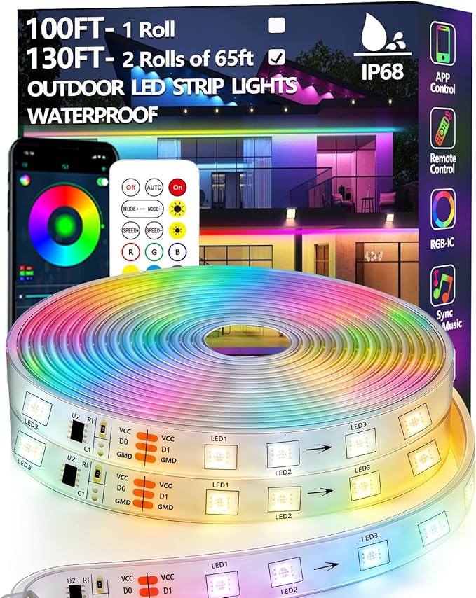 130FT (2 Rolls of 65FT) Outdoor LED Strip Light Waterproof,IP68 Outside RGB+IC Light Strip with App/Remote Control,Chase Mode,Music Sync Rope Light for Balcony,Deck,Rooftop,Garden,Pool