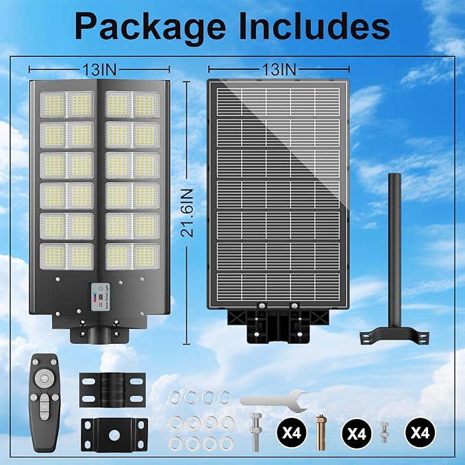Solar Street Light - 9000W Street Lights Outdoor 260000LM Dusk to Dawn Solar Power Parking Lot Light, IP67 Waterproof Wide Angle Lamp with Motion Sensor for Yard, Road 1 Pack