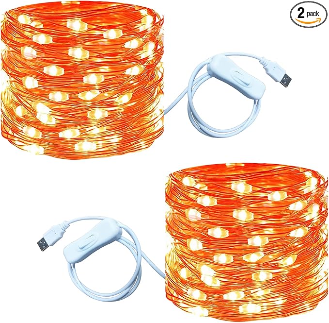 RUICHEN 20 Ft 120 LED USB Fairy String Lights with On/Off Switch, Waterproof Copper Wire Lights for Bedroom Wall Ceiling Wreath Crafts Christmas Halloween Party, Orange, 2 Pack