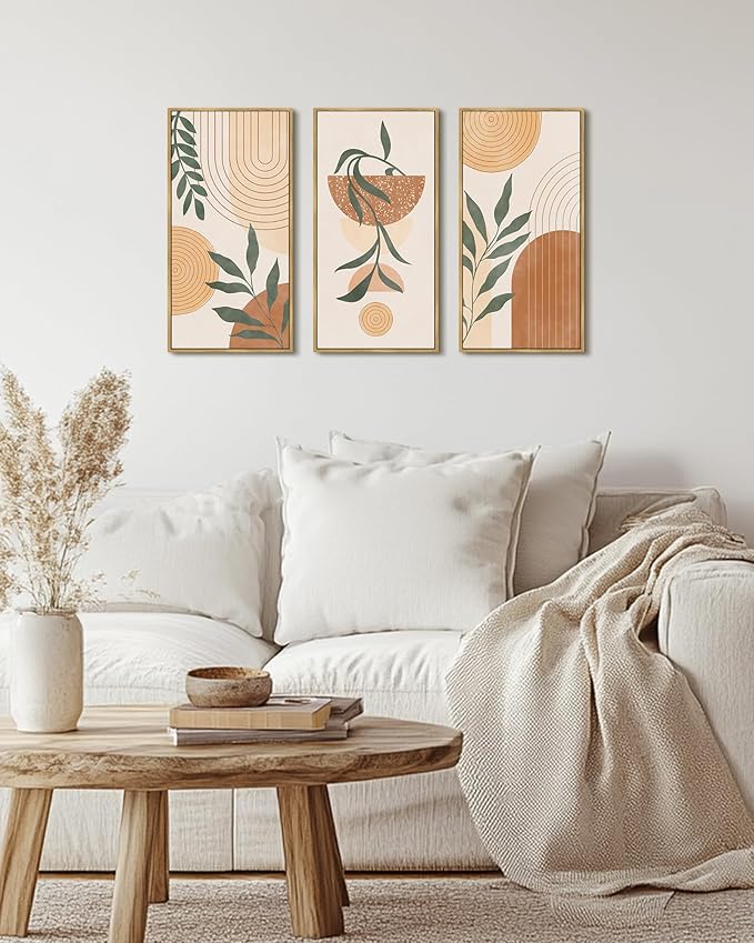 KUVIOKE Boho Orange Wall Art Green Botanical Leaf Artwork BohemainMinimalist Line for Bathroom Living Room 8x16in3pcs Natural Framed