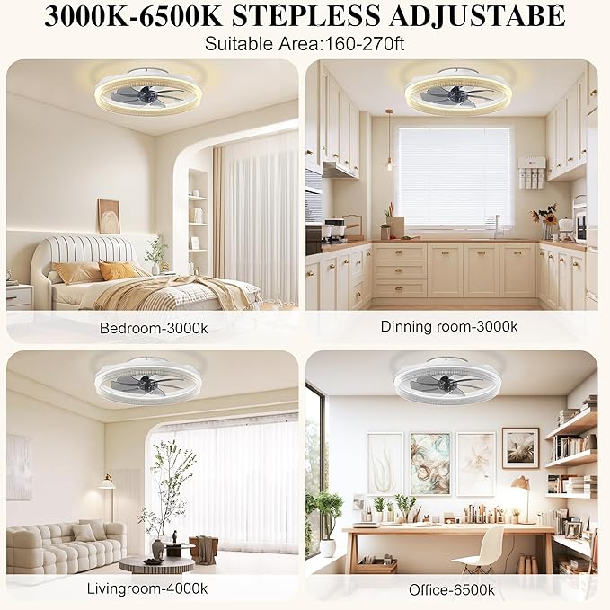 Ceiling Fans with Lights and Remote Fandelier - 20'' White Flush Mount Low Profile Modern Ceiling Fans for Bedroom - Stepless Color Temperature and 6 Speeds