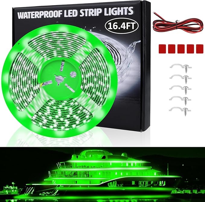 LED Boat Lights 16.4ft, LED Boat Strip Lights, Waterproof Boat Interior Light, Pontoon, Bass Boat, Kayak, Jon Boat, Cabin, Deck, Boat Navigation Lights(Green)