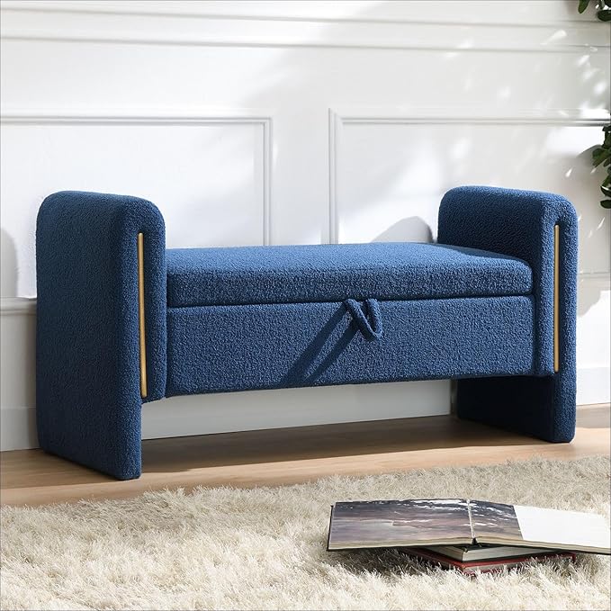 Modern 52" Storage Ottoman Bench, Upholstered End of Bed Storage Bench with Armrests, Entryway Bench, Teddy Foot Rest Stool for Living Room Hallway Bedroom (Navy Blue)