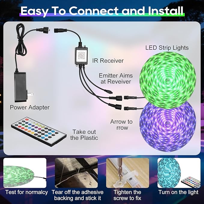 500FT Outdoor Led Strip Lights Waterproof - Music Sync RGB, IP68 Outside Led Strips with Bluetooth App & Remote Control, RGB Exterior Led Lights for Deck,Courtyards,Balcony,Roof,Garden,Pool