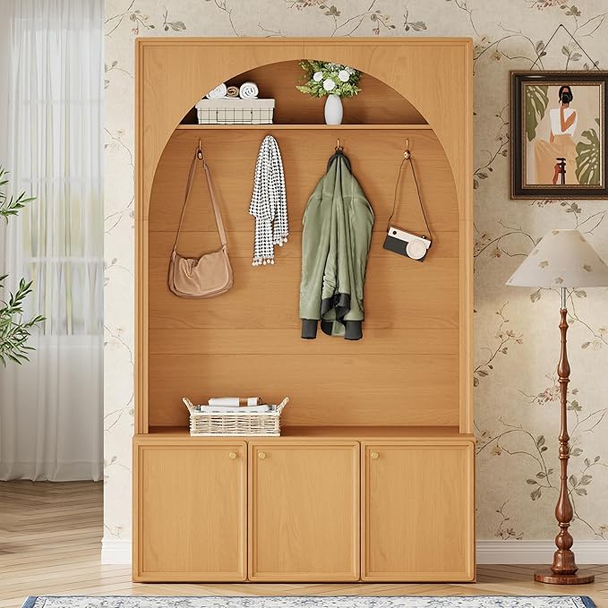 LUMISOL Farmhouse Hall Tree with Adjustable Shelves for Entryway, Arched Design Coat Rack with 4 Golden Hooks, Entryway Bench with 3 Cabinets for Mudroom, Retro Hall Cabinet for Living Room, Natural