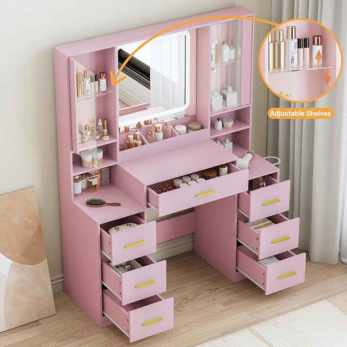 Vanity Desk with Mirror and Lights, Makeup Vanity with 7 Drawers, 2 Glass Door Cabinets, Charging Station, Adjustable Shelves, RGB Lighting, Hair Dryer Holder