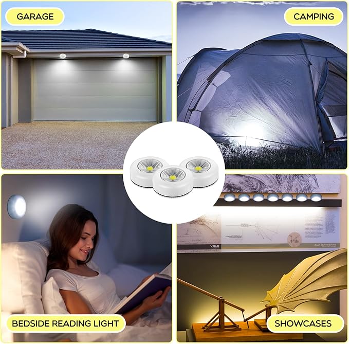 Macarrie 12 Pack Wireless LED Puck Lights, Under Cabinet Lighting, 70 Lumens Portable Touch Light, Stick on Battery Powered, for Kitchen Closets Cabinets Garage Bedroom Shelf(Classic Style)