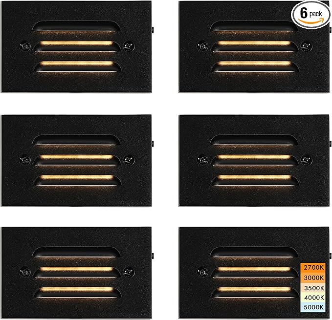 CLOUDY BAY 4 Inch 5CCT 12V 4W Low Voltage LED Step Light with Horizontal Louvered Faceplate for Steps Decks Stairs,Outdoor Stair Lights,Wet Locations,6 Pack,Black