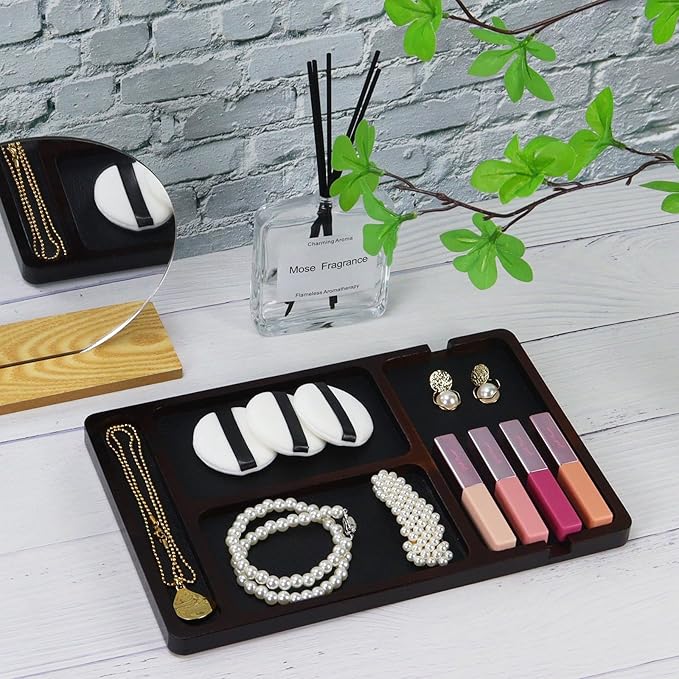 MultiBey Acacia Wood Valet Tray with Leather Inlay | Mens Valet Tray & Desk Organizer | Elegant EDC Catchall Trays for Phone, Wallet, Keys, Watch, Jewelry