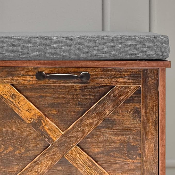 Shoe Storage Bench with 2 Flip Drawers, Entryway Bench with Removable Cushion, Hallway & Mudroom Organizer with Seat, Front Door Shoe Rack Cabinet, Brown