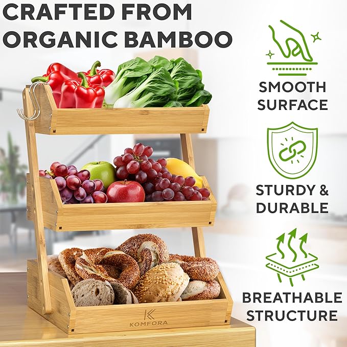 KOMFORA Bamboo Fruit Basket 3-Tier - Premium Produce Basket for Kitchen w/ 2 Hangers - Durable & Easy to Assemble Stand for Countertop - Perfect Holder for Vegetables, Bread, Snacks & More