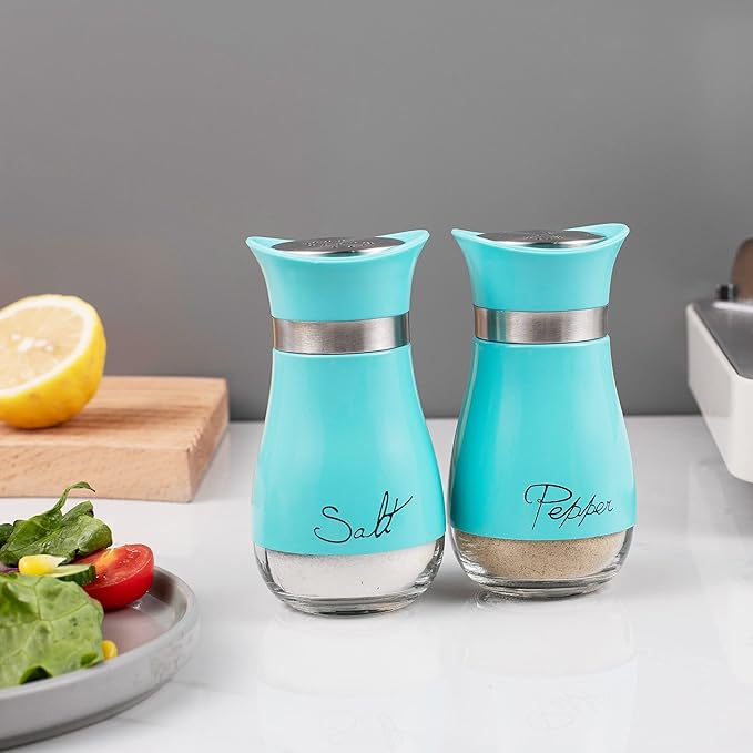 Lonffery Salt and Pepper Shakers, Stainless Steel and Glass Bottle, Set of 2, Turquoise