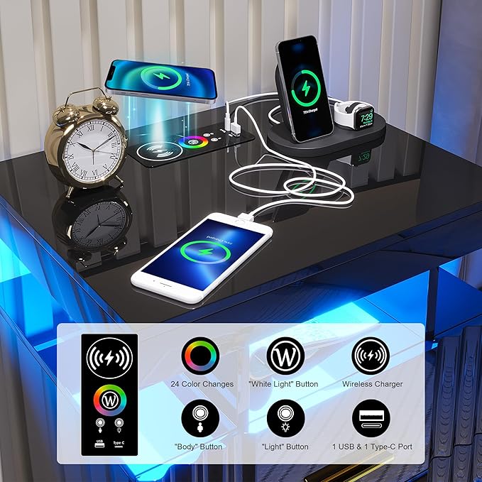 Nightstand with Wireless Charging Station,Set of 2 Bedroom Bedside Table with RGB Lights, Smart Night Stand with 2 Drawers, Bedside Tables Modern Bedside Table for Bedroom, Living Room(Black)