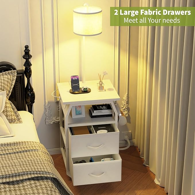 Floor Lamp with Table, End Tables with Lamps Attached 3-Color Temperature Bulb, Side Table with Lamp with 2 Drawers & Charging, Lamps Tables Combo for Bedroom, Dorm, Apartment - White