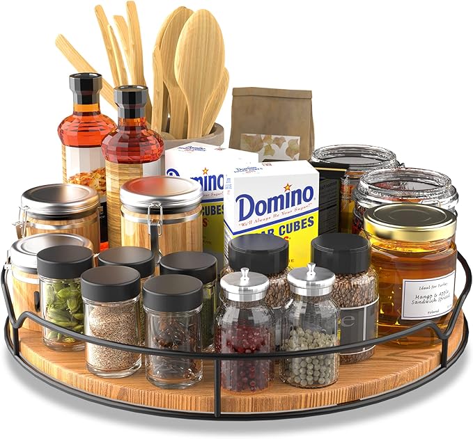Lazy Susan Turntable Organizer for Cabinet Pantry Kitchen Countertop Refrigerator Cupboard, Pine Wood (Carbonized Black, 12“)