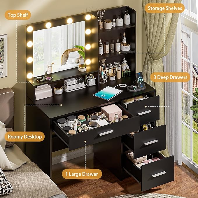 Vanity Desk with Lighted Mirror, Black Vanity with 4 Drawers,Makeup Vanity with Storage Shelves and Power Outlet,10 Lights with 3 Color Modes Brightness Adjustable for Girls’ Bedroom (Black)