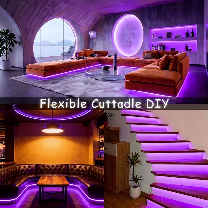 Purple Led Lights Strip Indoor Rope Lights Easy DIY Cuttable Strip Lights for Room Bathroom Living Room Kitchen Ceiling Wall Vanity Mirror Decor
