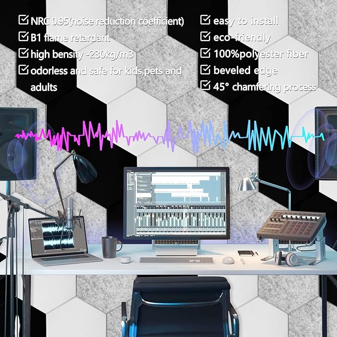 18 Pack Hexagon Acoustic Panels, 12" X 10" X 0.4" High Density Sound Absorbing Panels Soundproof Wall Panels for Home Sound Proof Insulation Beveled Edge Studio Treatment Tiles (Gray)