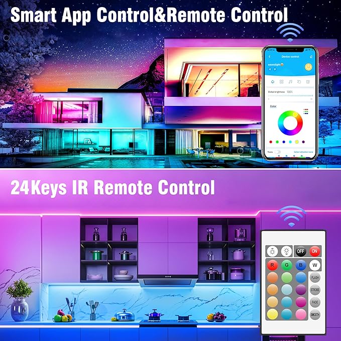 VOLIVO 300ft LED Strip Light Bluetooth, Color Changing LED Strip Lights for Bedroom, Music Sync RGB Lighting with 24Key Remote/APP Control for Home Decoration