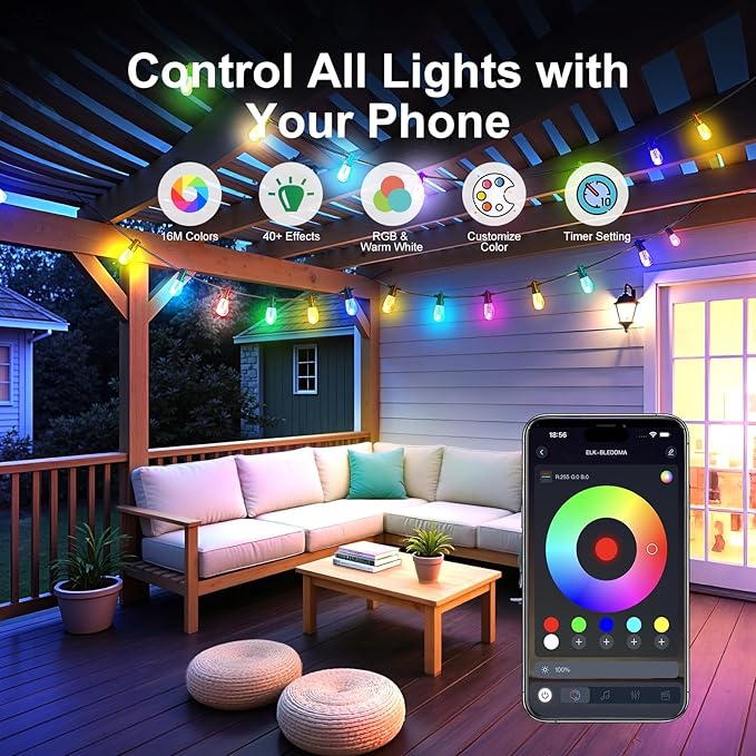 Outdoor String Lights 96ft(2×48ft), Patio Lights with 30 Dimmable LED Bulbs, RGBW & Warm White, IP67 Waterproof, Shatterproof, APP & Remote Control, Color Change, Customizable for Backyard