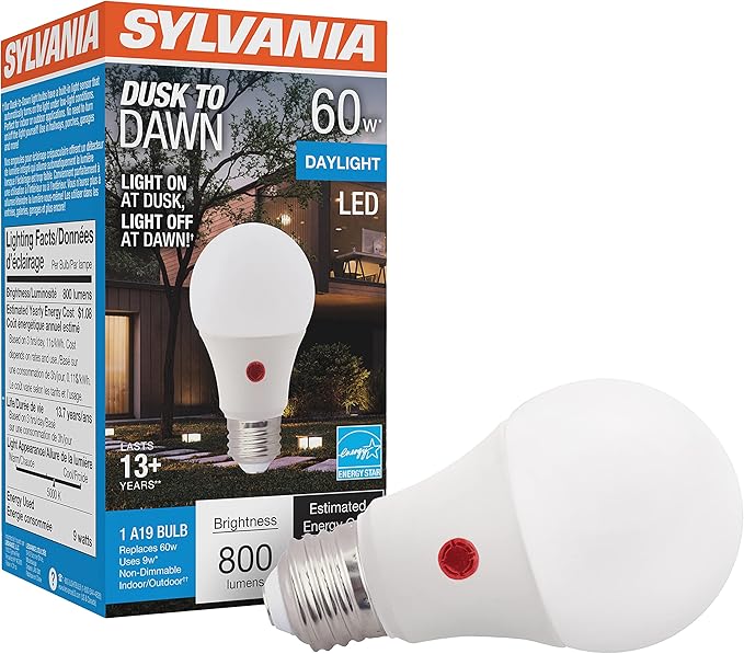 Sylvania Dusk to Dawn A19 LED Light Bulb with Auto On/Off Light Sensor, 60W=9W, 800 Lumens, 5000K, Daylight - 1 Pack (41289)