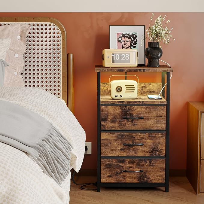 Fixwal Night Stand with Charging Station, LED Nightstand with Fabric Drawers, End Table with PU Finish, Bed Side Table, Rustic Brown (Pack of 2)