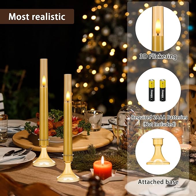 Gold Flameless LED Taper Candles with Remote and Timer, 6 Pack Battery Operated Candles 9.25"x0.75" for Xmas Wedding Decor, 3D Flickering Flameless Candles with Acrylic Candlesticks