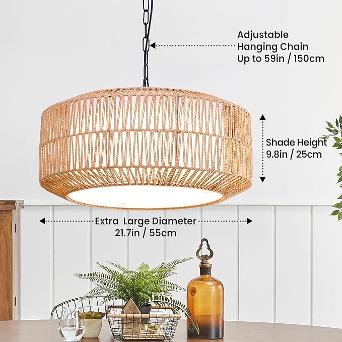Smart RGB Ambient Rattan Pendant Light with Voice & App Control, Dimmable Boho Hanging Ceiling Lamp for Bedroom & Dining Room, Handwoven Wicker Light Fixture, 21.7” Natural