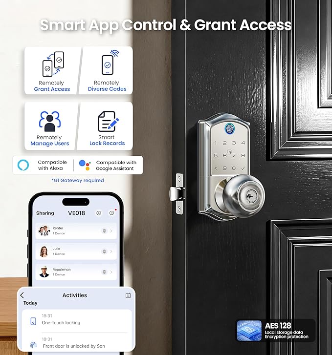 Veise VE018 Smart Knob Handle Lock - Fingerprint, App Control, Keyless Entry for Front Door and Bedroom, Electronic Digital Keypad, Auto Lock, Remote Access Sharing, IP55 Weatherproof, Satin Nickel