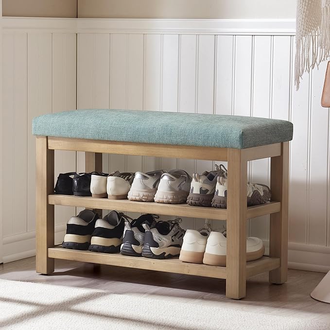 2 Tier Shoe Rack Bench with Cushion, Solid Wood Shoe Benches, Mid-Century Modern Shoe Storage Bench for Entryway, Hallway, Living Room, Closet, Front Door Entrance, (Teal, 31.5")