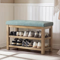 2 Tier Shoe Rack Bench with Cushion, Solid Wood Shoe Benches, Mid-Century Modern Shoe Storage Bench for Entryway, Hallway, Living Room, Closet, Front Door Entrance, (Teal, 31.5")