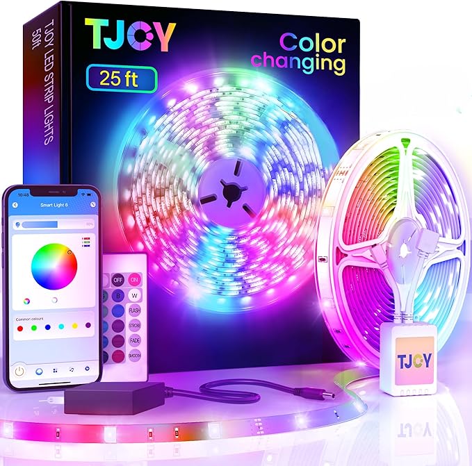 TJOY LED Lights for Bedroom 25ft, RGB Color Changing Led Strip Lighting with Remote and Smart APP Control, Music Sync Rope Lights via Bluetooth for Kitchen, TV, Room Decor