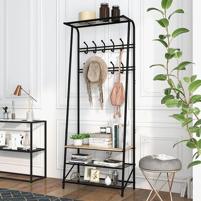 GAOMON Coat Rack, Hall Tree with Shoe Storage Bench, 3-in-1, Multifunctional Hallway Organizer, Shoe Storage with Coat Rack Stand, 10 Hooks, Metal Frame, for Entryway