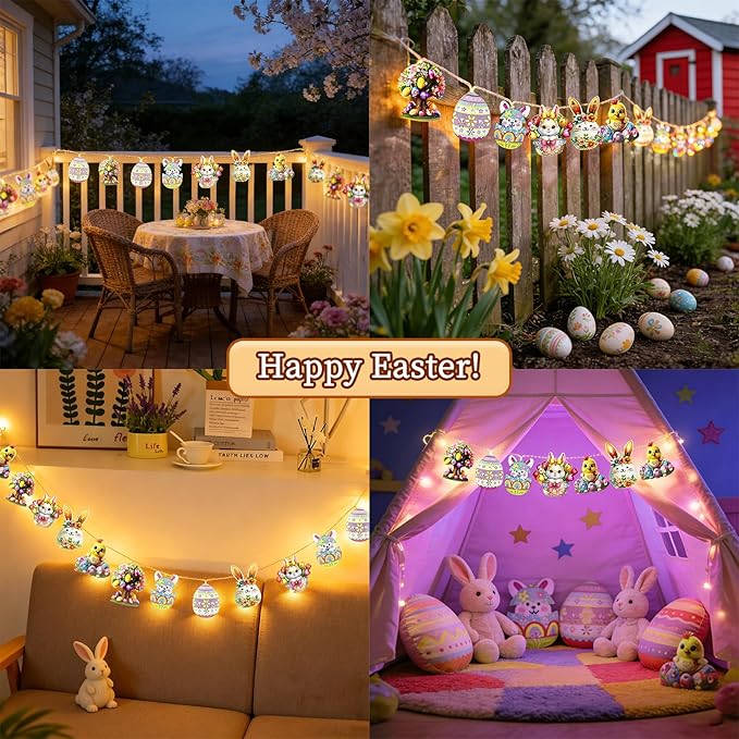 Easter String Lights,10Ft 20 LED Easter Lights Bunny Egg Chick Fairy Lights with Dual Power (Battery/USB) 2 Lighting Modes 6 Cute Patterns for Indoor Outdoor Easter Decorations Spring Home Party Patio