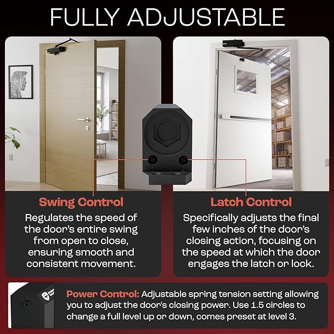 PrimeWare DC-600 Automatic Adjustable Door Closers for Home | Soft Close, No Slam | Residential and Commercial Door Closer | Level 1-6 | for Doors Weighing 30-300 lbs | Hydraulic Door Spring - Black