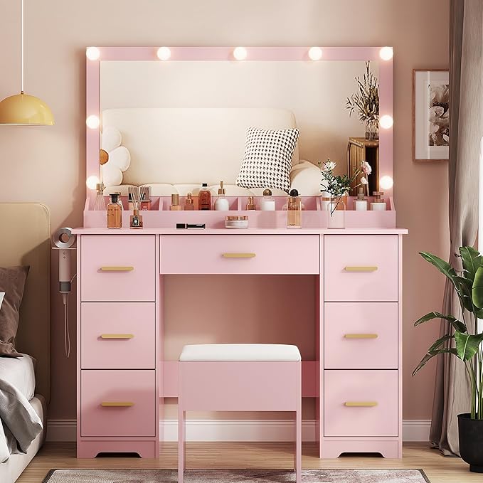 44" Vanity Desk with 38" Large Mirror and 9 LED Lights & Glass Top and Power Outlet, Makeup Vanity Set with 7 Drawers & Chair and RGB Ambient Light, Dressing Table for Bedroom, Modern Pink