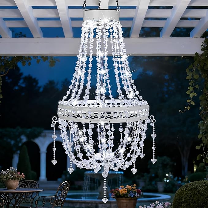 Hanging Solar Lantern Outdoor Chandelier, Waterproof Modern Crystal Acrylic Pendant Light with Cool White LED S Hook Gifts for Women Garden Decor Light for Gazebo, Patio, Yard, Party, Wedding
