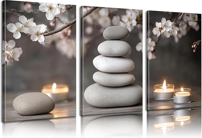 ZHJIOFXG 3 Piece Zen Canvas Wall Art Stacked Stones Cherry Blossom Candle Spa Wall Decor Minimalist Neutral Calming Art for Bathroom Bedroom Yoga Room Office Living Room 12x16in Wrapped Canvas