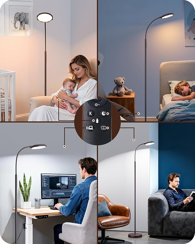 EDISHINE Modern LED Floor Lamp, 1300LM Bright Floor Lamps for Living Room, 4 Color Temperature Dimmable Reading Lamp, Remote & Touch Control, 2 Timer, Adjustable Gooseneck for Bedroom Office Brown